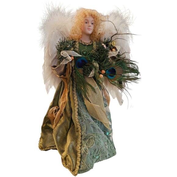 Vintage Christmas Tree Topper Angel Green White Accents Porcelain Feather Wings - Picture 1 of 7